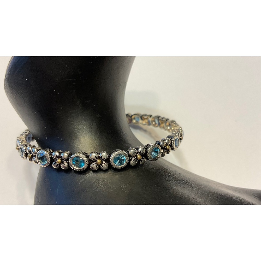Barbara Bixby Sterling Silver 18K Gold Blue Topaz Floral Bangle Bracelet Average